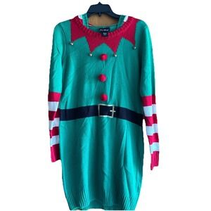 Womens L Christmas Holiday Ugly Sweater Tunic Dress Elf Santas Helper Hood Bells